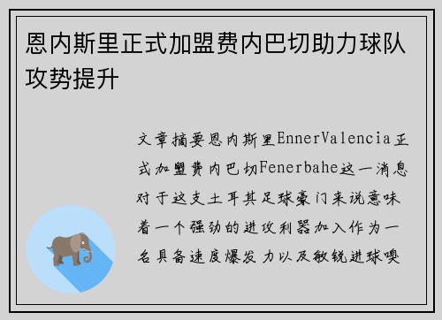 恩内斯里正式加盟费内巴切助力球队攻势提升